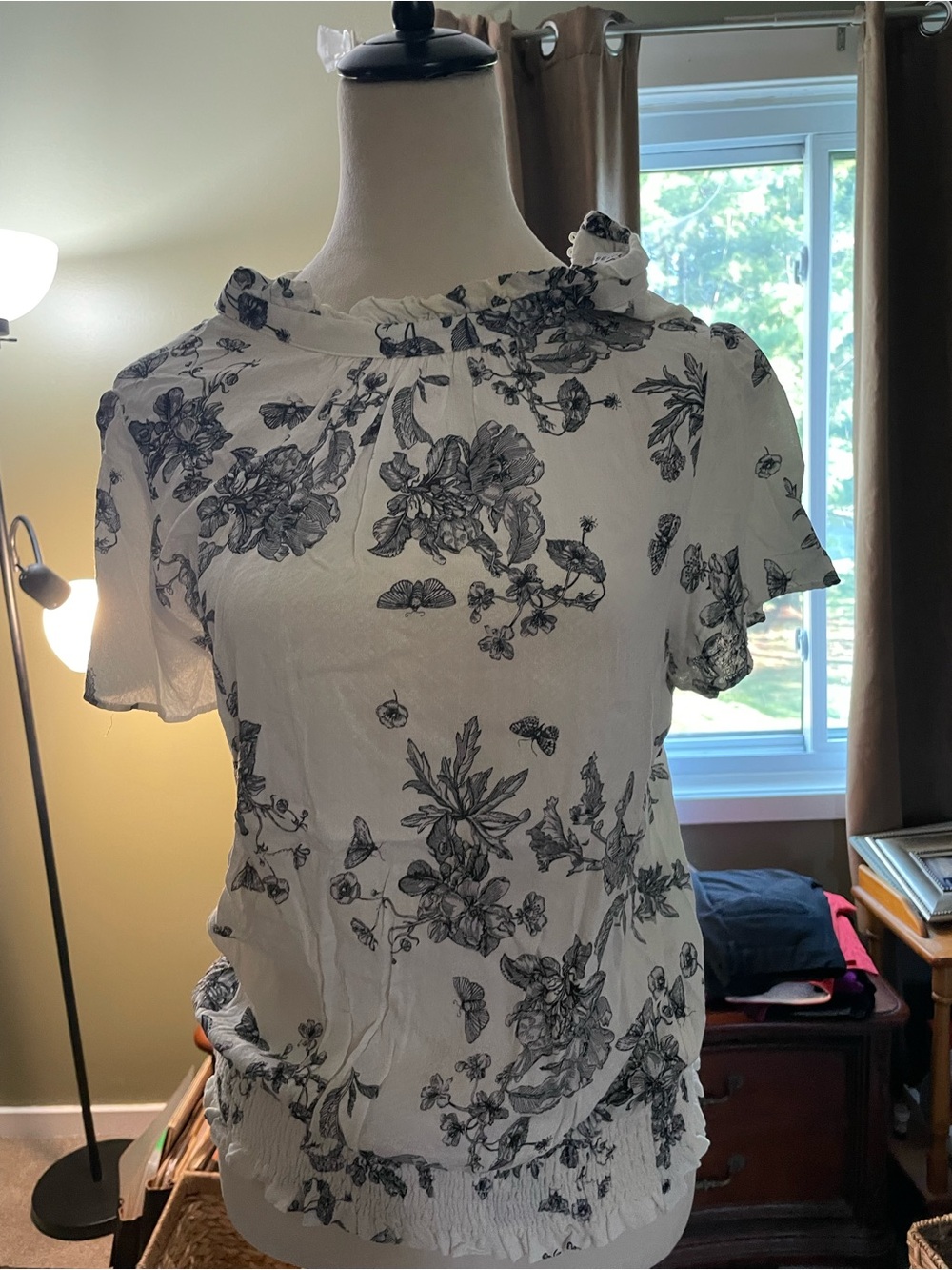 Rose & Olive White Blouse with Black Floral Print and Ruffle Neck